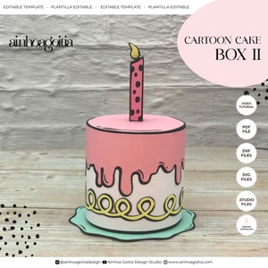 Cartoon taartdoos 2 digitale sjabloon SVG met videotutorial, geschenkdoos SVG, doossjabloon, silhouetgesneden bestanden, Cricut gesneden bestand