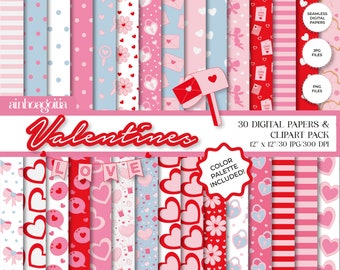 Valentines Digital Paper Pack: Seamless Patterns & Cliparts (Digital Download)