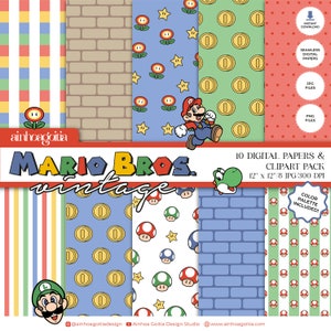 Carta digitale Mario Bros Vintage, carta digitale senza soluzione di continuità, pacchetto di carta digitale Mario con clipart PNG-JPG in HQ