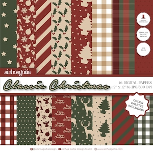 Classic Christmas Digital Paper Pack: Seamless Holiday Patterns (JPG)