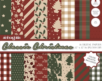 Classic Christmas Digital Paper Pack: Seamless Holiday Patterns (JPG)