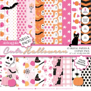 Simpatica carta digitale e clipart di Halloween, carta digitale senza soluzione di continuità, pacchetto di carta digitale spettrale con clipart PNG-JPG in HQ