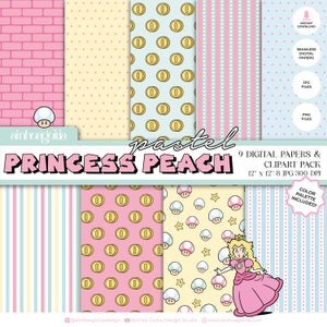 Carta digitale Pastel Princess Peach, carta digitale senza soluzione di continuità, pacchetto di carta digitale Peach con clipart PNG-JPG in HQ