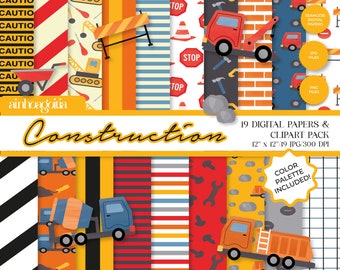 Pacchetto di carta digitale per l'edilizia: modelli senza soluzione di continuità e clipart (PNG, JPG) (download digitale)