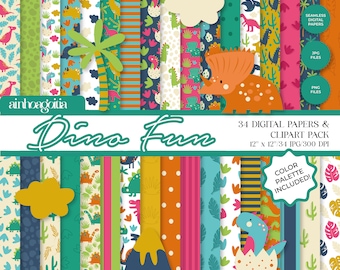 Dino Fun Digital Paper: Seamless Dinosaur Clipart Pack (PNG, JPG)