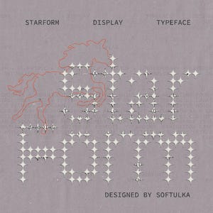 Op de afbeelding: Een grafische ontwerpposter getiteld STARFORM DISPLAY TYPEFACE door SOFTULKA. Het midden bevat een groot woord gevormd door witte stervormige uitsparingen op een grijze achtergrond, bedekt met een dunne rode lijntekening van een paard.