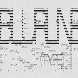 May include: A black and white graphic design poster featuring the word BLURNE in large, horizontal line-based typography. The text includes technical descriptions of the typeface, a vertical scale from 0.2 to 1.0, and a small diagram with letters A, B, and C.