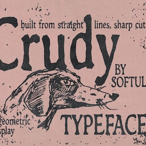 Può includere: Una stampa grafica su sfondo rosa polvere con un'illustrazione a inchiostro nero di una testa di cane. Il testo recita: Crudy built from straight lines, sharp cuts. BY SOFTULKA A geometric display TYPEFACE. Il design include macchie di inchiostro nero.