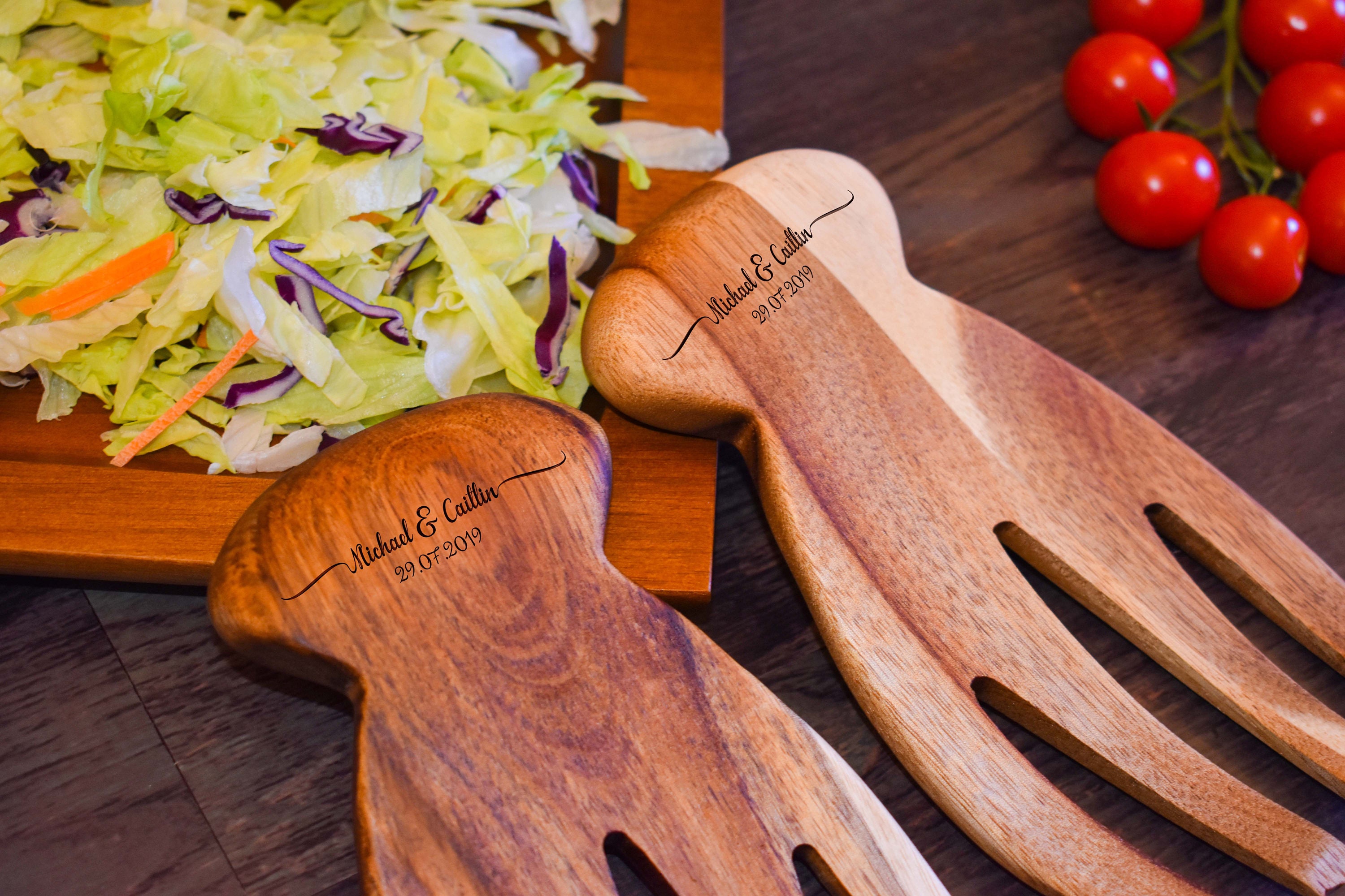 Personalized Salad Forks, Wood Salad Serving Tongs, Forks Set, Wedding