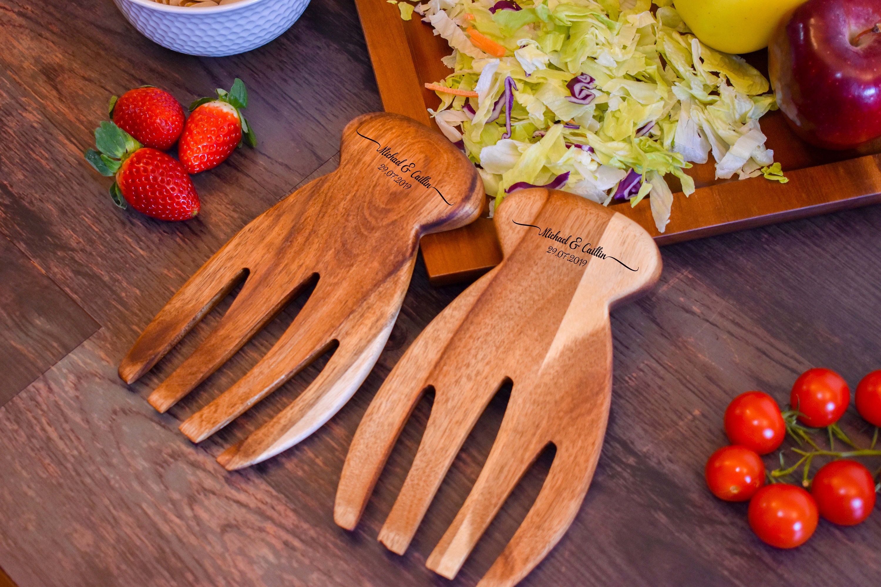 Personalized Salad Forks, Wood Salad Serving Tongs, Forks Set, Wedding