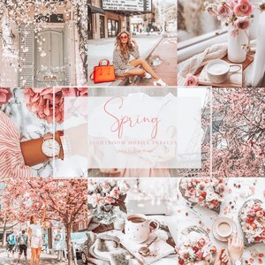Peut inclure: Un collage d'images sur le thème du printemps, avec des fleurs roses, une femme portant une robe léopard, une tasse de café et une montre. Le texte "Spring Lightroom Mobile Presets Justine Le Royer Design" est affiché au centre du collage.