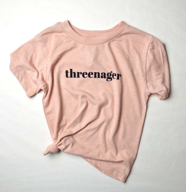 Threenager Toddler Girl Tee Peach/Black // Graphic screen printed toddler tee, graphic tee for three year old, third birthday tee image 1