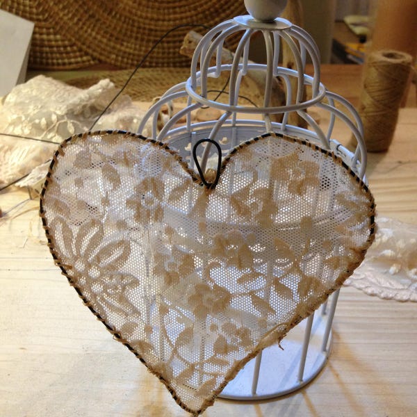 Calais France lace heart and iron thread, handmade, gift, Valentine's Day, mother's day