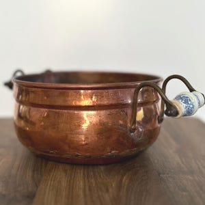 Antique Copper Planter Jardiniere with Delft Ceramic Handles and Dovetail Seams