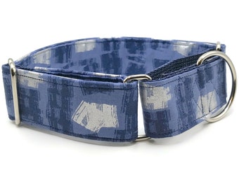 Blue Silver Dog Collar:  Martingale or Buckle, Adjustable Fit