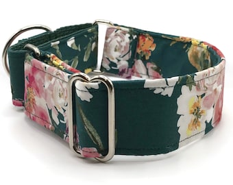 May include: A green and floral patterned dog collar with a silver buckle.