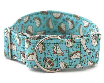 Tacos Dog Collar: Turquoise Martingale or Buckle, Adjustable Fit