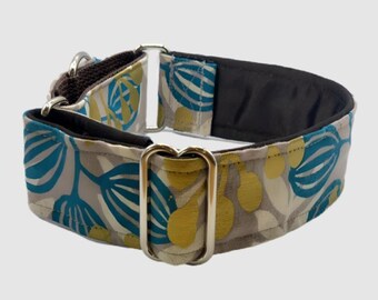 Blue & Gold Floral Dog Collar: Martingale or Buckle, Adjustable Fit, Satin Lined
