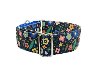 Blue Daisy Dog Collar: Martingale or Buckle, Adjustable
