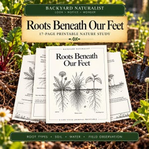 Könnte beinhalten: Eine 17-seitige, ausdruckbare Naturstudie mit dem Titel Roots Beneath Our Feet, die schwarz-weiße botanische Illustrationen von Pfahl-, Faser- und verzweigten Wurzelsystemen auf weißen Blättern mit Text und leeren Feldern für Beobachtungen zeigt.