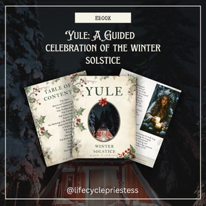 May include: A digital ebook cover with a winter solstice theme. The cover features a red cabin in a snowy forest, with a full moon and stars in the sky. The title of the ebook is "Yule: A Guided Celebration of the Winter Solstice".