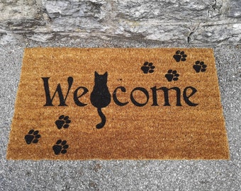 Cat lover Welcome Door Mat with paw prints- Doormat