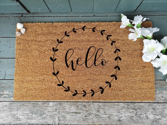 Hello Welcome Door Mat With Floral Design Personalized Etsy