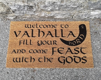 Welcome to Valhalla Door Mat / Doormat / Viking Gift / Pagan Gift / Norse Gift / Drinking Horn / Viking Decor / Norse Gods / Rune / Odin