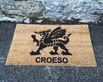 Welsh Welcome Door Mat Croeso, Welsh Dragon Gift, Wales Flag, Fathers Day Gift, Doormat