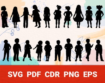 女の子と男の子の svg バンドル 子供のシルエット クリップアート Cricut 用 インスタント ダウンロード キッズ png