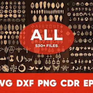 May include: A collage of over 530 digital files for laser cutting earrings. The files are organized into categories, including flowers, leaves, geometric shapes, animals, and more. The files are available in SVG, DXF, PNG, CDR, and EPS formats.