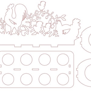 May include: A laser cut wooden egg holder with a rooster and chicks design. The holder has a space for 10 eggs and a decorative top with a rooster, chicks, and a leafy branch.