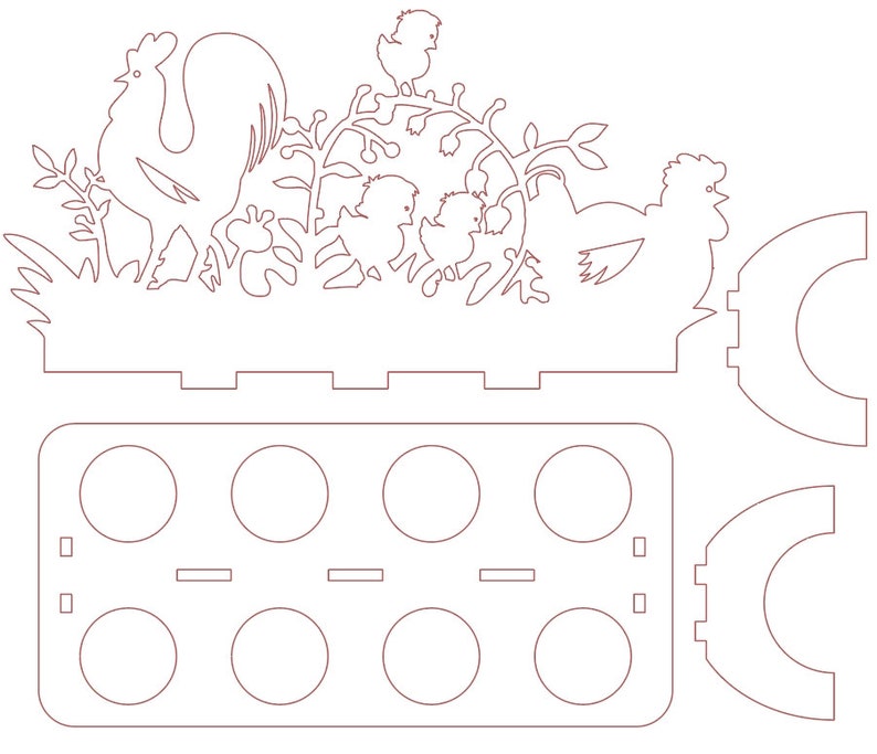 May include: A laser cut wooden egg holder with a rooster and chicks design. The holder has a space for 10 eggs and a decorative top with a rooster, chicks, and a leafy branch.