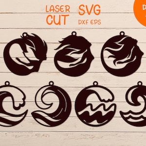 Könnte beinhalten: Sechs schwarz-weiße SVG-Schnittdateien zum Laserschneiden. Die Designs beinhalten eine Meerjungfrau mit wallendem Haar und drei verschiedene Wellendesigns.