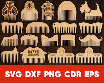 May include: A set of 14 laser cut wooden comb designs. The combs feature various designs including a mustache, a beard, a skull and crossbones, a Scottish terrier, and a Star Wars inspired design. The text "WITH GREAT BEARD COMES GREAT RESPONSIBILITY" is included on one of the combs. The text "TRUE HIPSTA" is included on two of the combs.