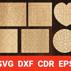 May include: Set of six laser cut wooden puzzle designs. The designs include a heart, a circle, a square, and three different geometric patterns. The puzzles are made of natural wood and have a light brown color.