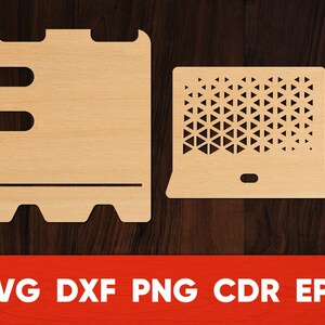 May include: Two wooden cutouts, one is a blank rectangle with a small shelf and the other is a rectangle with a geometric pattern. Both are designed for laser cutting.