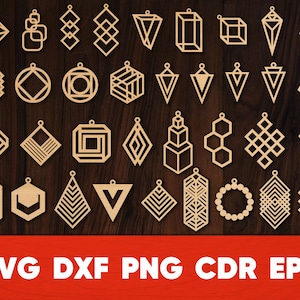 Op de afbeelding: Een set van 36 geometrische houten oorbelontwerpen. De oorringen zijn lasergesneden en klaar om in elkaar te worden gezet. De ontwerpen omvatten vierkanten, driehoeken, ruiten en zeshoeken.