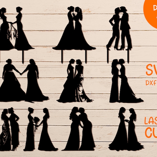 Lesbian Cake Topper svg, Mrs and Mrs Wedding Decoration for Party Silhouette, Gay Same Sex Couple svg file for cricut, CUSTOM Cake Topper