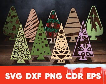 Decorative Christmas Trees with Stand SVG Set Garland Flashlights Jesus Born dxf eps cdr, Glowforge Cricut Silhouette cnc Machine Project