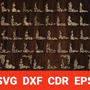 May include: A collection of ornate corner designs in gold, arranged on a dark wood background. The designs vary, featuring floral and geometric patterns. The image includes the text "SVG DXF CDR EPS" in white letters on a red banner.