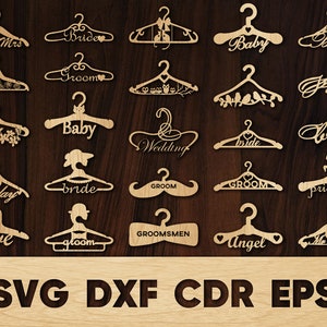 Puede incluir: Un conjunto de 20 archivos de corte SVG de perchas de madera con varios diseños de temática nupcial, que incluyen "Bride", "Groom", "Wedding", "Best Day", "Love", "Angel", "Princess", "Baby", y "Mr & Mrs".
