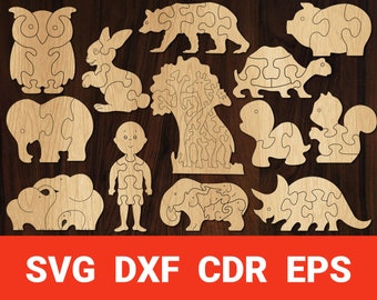 動物パズルセット svg テンプレート レーザー切断機 cnc、Glowforge プロジェクト、Cricut シルエット