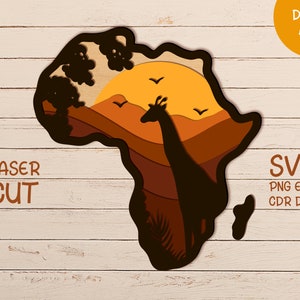 3D Layer Wall Decor SVG Afrika voor Glowforge en Cricut Multi Layer Map voor lasermachines, Continent Wild Animal