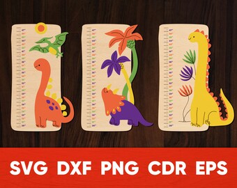 Regla de altura de dinosaurio SVG: Tabla de crecimiento infantil, archivo cortado con láser (descarga digital)