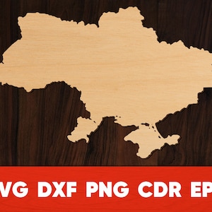 Puede incluir: Un recorte de madera del contorno de Ucrania. El recorte es de color marrón claro y se coloca sobre un fondo de madera marrón oscuro.