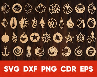 May include: A collection of laser-cut wooden pendants featuring various sea-themed designs. The pendants include seashells, starfish, turtles, anchors, and waves. The image also displays the file formats: SVG, DXF, PNG, CDR, and EPS.