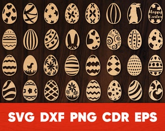 May include: A set of 30 Easter egg SVG cut files. The eggs feature various designs, including stripes, polka dots, hearts, flowers, and a bunny rabbit. The text "Happy Easter" is included in the image.