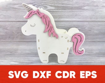 Einhorn Schreibtisch Organizer SVG: Laser geschnitten Blumentopf Vektor (Digitaler Download)