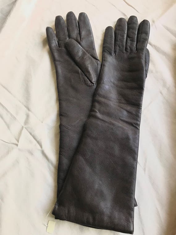 Vintage dark brown long kid leather gloves, 6.5, w